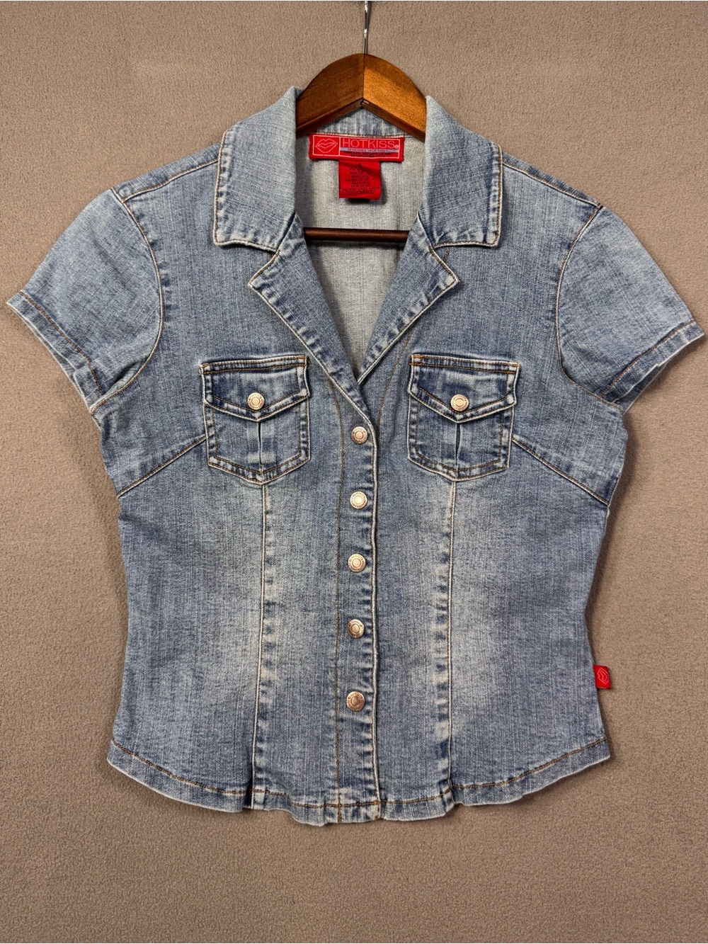 Vintage Y2K Hot Kiss Denim Top, Snap Buttons, Structured Jeans Shirt, S